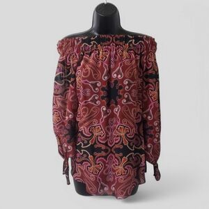 Rachel Zoe‎ Silk Off Shoulder Blouse Paisley Flare Top Sz 2 Whimsigoth Fairycore
